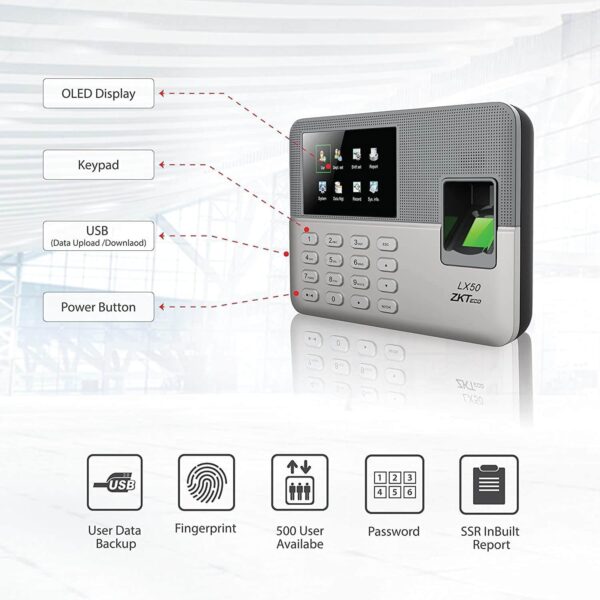 Click to see full view ZK.Teco LX50 Fingerprint Time Attendance Device with 2.8 Inch Color Screen, Support Fingerprint and PIN, 500 User Capacity, 50,000 Records, USB Data Transfer, Ideal for Businesses and Offices