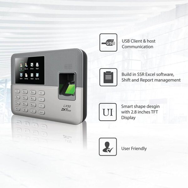 Click to see full view ZK.Teco LX50 Fingerprint Time Attendance Device with 2.8 Inch Color Screen, Support Fingerprint and PIN, 500 User Capacity, 50,000 Records, USB Data Transfer, Ideal for Businesses and Offices